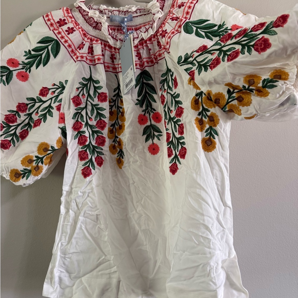 Anthropologie Red and White Embroidered Top